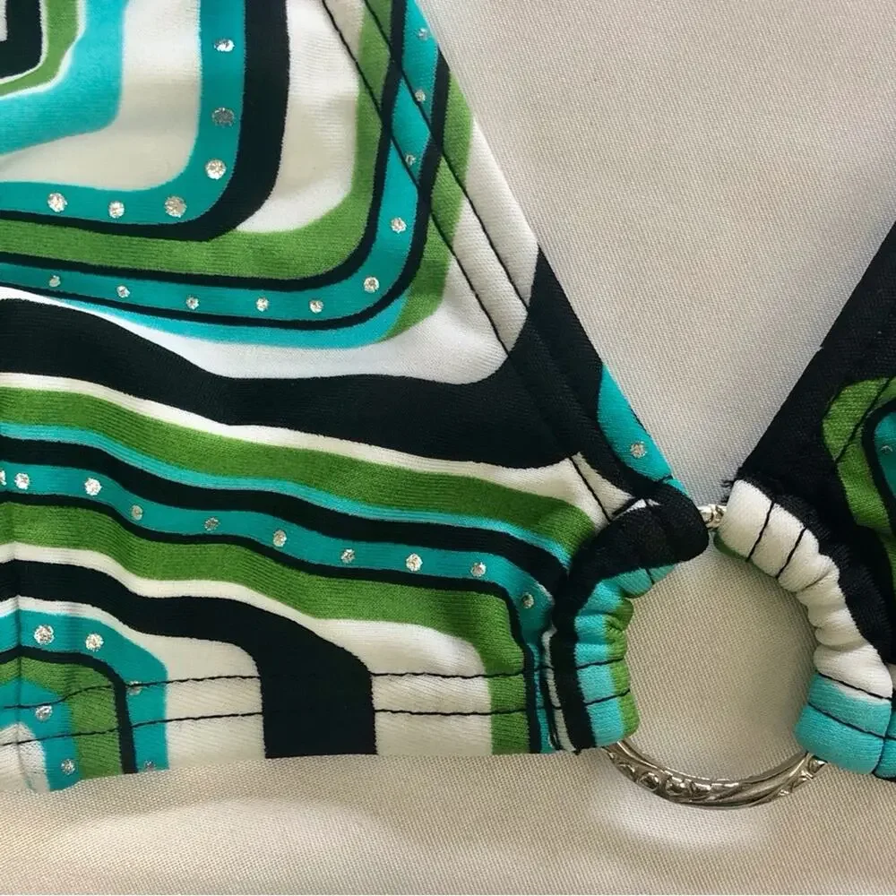 Gossip Geometric Print Triangle Bikini Silver Ring Accents Turquoise Back White